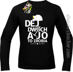 Czarny t-shirt męski z długim rękawem z nadrukiem Dej dwóch a jo to zrobia.